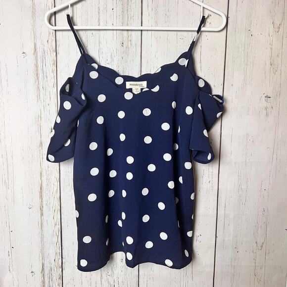 Monteau Women's Cold Shoulder Polka Dot Blouse Sz L - Picture 1 of 13